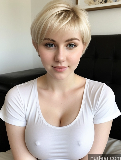 ai nude image of blond woman with short hair sitting on a bed with a black headboard pics of Busty Perfect Boobs Beautiful Thick Fairer Skin 18 Blonde Russian Close-up View Shirt Pixie