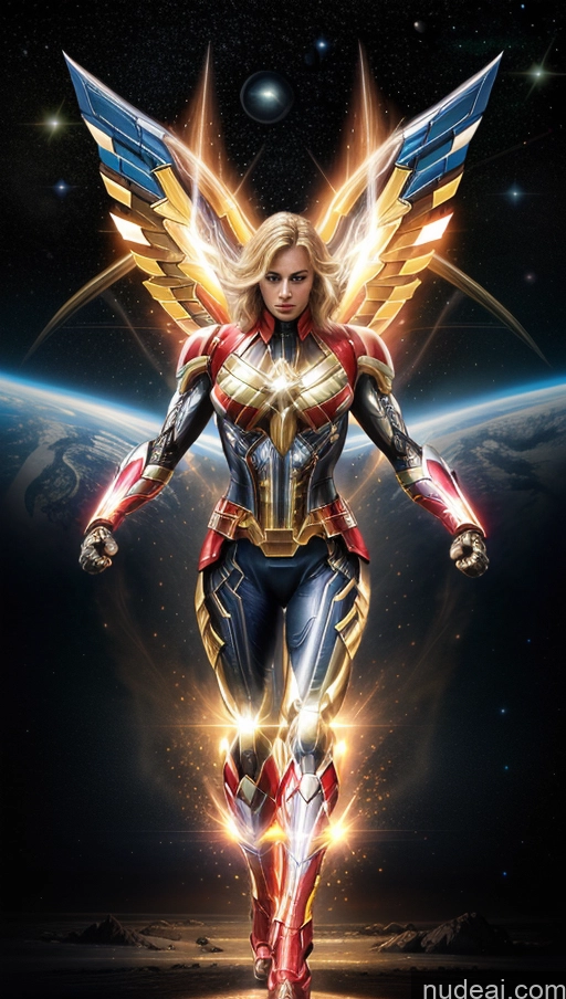 ai nude image of a woman in a costume with wings flying over a planet pics of Several Bodybuilder Busty Muscular Abs Powering Up Captain Marvel SuperMecha: A-Mecha Musume A素体机娘 Has Wings Space Dynamic View Heat Vision