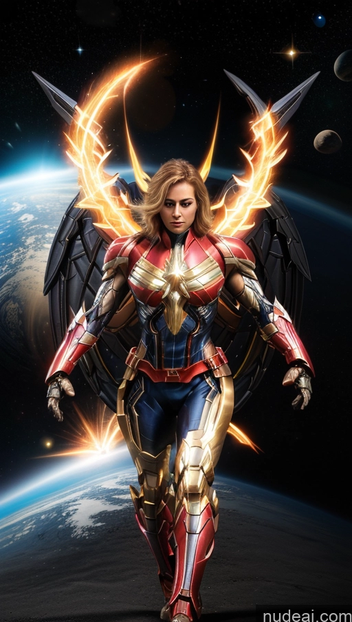 ai nude image of a close up of a woman in a costume with wings pics of Several Bodybuilder Busty Muscular Abs Powering Up Captain Marvel SuperMecha: A-Mecha Musume A素体机娘 Has Wings Space Dynamic View Heat Vision