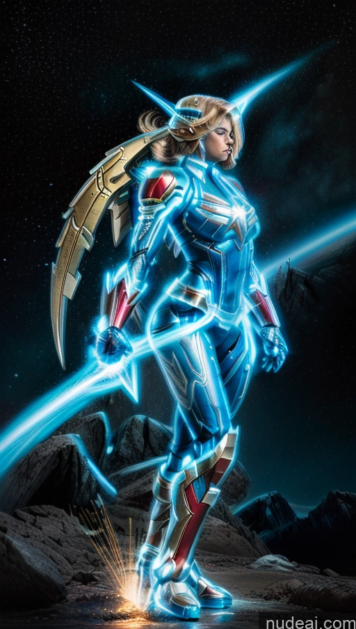 ai nude image of a close up of a person in a suit with a sword pics of Bodybuilder Busty Muscular Abs Powering Up Captain Marvel SuperMecha: A-Mecha Musume A素体机娘 Has Wings Space Dynamic View Heat Vision Several Deep Blue Eyes Neon Lights Clothes: Blue