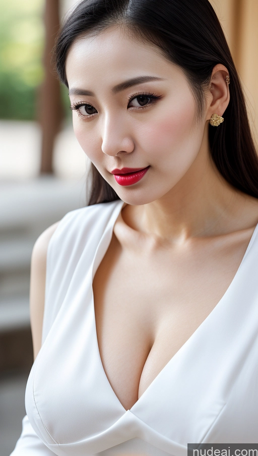 ai nude image of araffe woman in white dress looking at cell phone with red lipstick pics of Woman One Huge Boobs Beautiful Lipstick Fairer Skin 30s Black Hair Slicked Korean Close-up View Detailed Simple Dress Traditional