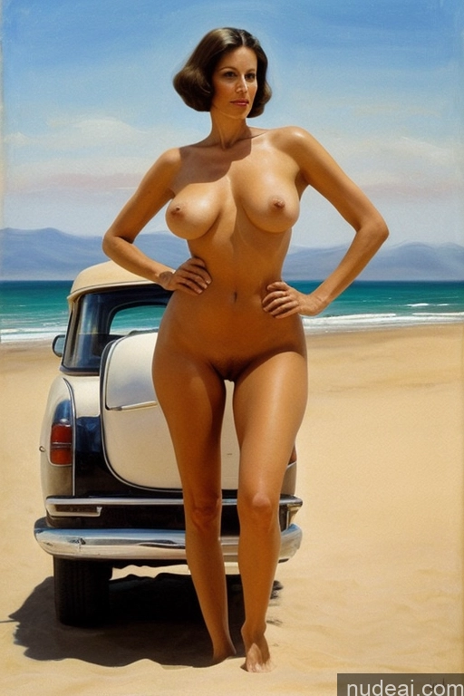 ai nude image of a painting of a woman standing next to a car on a beach pics of One Big Ass 50s Brunette White Beach Front View Nude Simple Bobcut Long Legs Milf Small Tits Surrealist