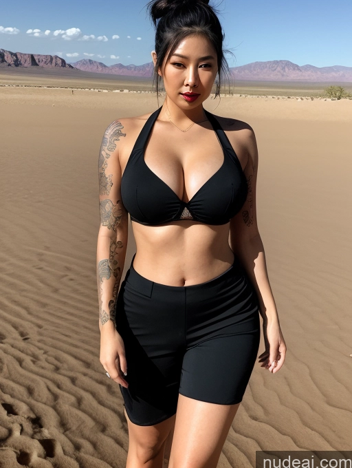 ai nude image of arafed woman in a black bikini top and shorts standing in the sand pics of Woman Huge Boobs Tattoos Lipstick Big Ass Thick Big Hips Short 20s Serious Black Hair Hair Bun Japanese Desert Suit