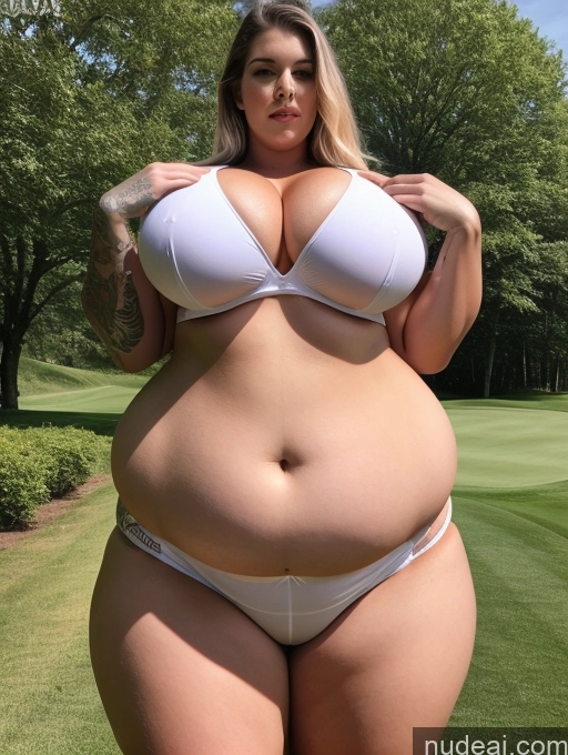 ai nude image of arafed woman in a white bikini posing for a picture pics of Lingerie Model Busty Huge Boobs Perfect Boobs Beautiful Tattoos Big Ass Thick Chubby Big Hips Long Legs Perfect Body Fairer Skin Oiled Body Bikini Golf German 20s