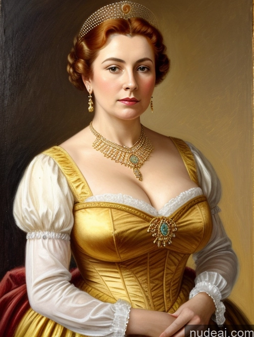 ai nude image of arafed woman in a gold dress with a necklace and a tiable pics of Milf Several Busty Perfect Boobs Beautiful Big Ass Fat Tall Perfect Body Pubic Hair 60s Serious Ginger British Painting Close-up View Victorian Traditional Cleavage Gold Jewelry Bright Lighting Regal