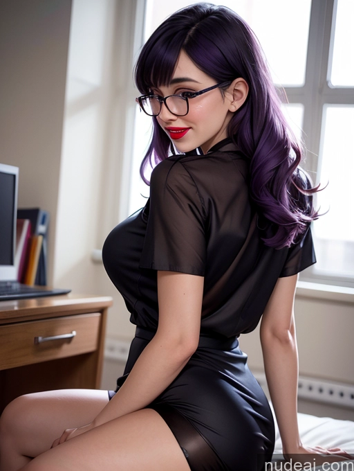 ai nude image of there is a woman sitting on a bed with a laptop pics of Czech Laughing Sexy Face Happy Skinny Big Ass Perfect Boobs Dress Nightgown Satin Simple Front View Office 60s Beautiful Lipstick Purple Hair Bangs Long Legs Long Skirt Stockings Bending Over Glasses