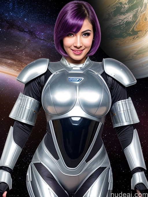 ai nude image of arafed woman in a futuristic suit standing in front of a planet pics of 30s Space Suit Sci-fi Armor Perfect Boobs Small Tits Perfect Body Serious Bobcut On Back Cyborg Transparent Ahegao Happy Purple Hair Arabic Front View