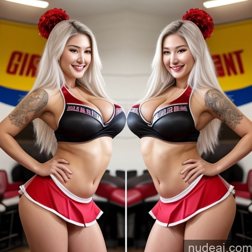 ai nude image of there is a woman in a cheer uniform posing for a picture pics of Busty Huge Boobs Beautiful Tattoos Lipstick Big Ass Skinny Big Hips Long Legs Short Perfect Body Long Hair 18 Happy White Hair Korean Cheerleader Microskirt Two Stage