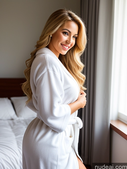 ai nude image of arafed woman in a white robe standing in front of a window pics of One Perfect Boobs Big Ass Perfect Body 20s Seductive Blonde Long Hair Brazilian Bedroom Bathrobe Happy Side View