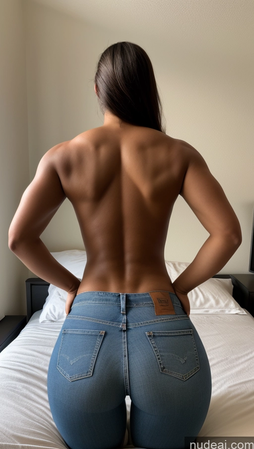 ai nude image of araffed woman in jeans sitting on a bed with her back turned pics of Big Hips Big Ass Bedroom Athlete Back View Jeans