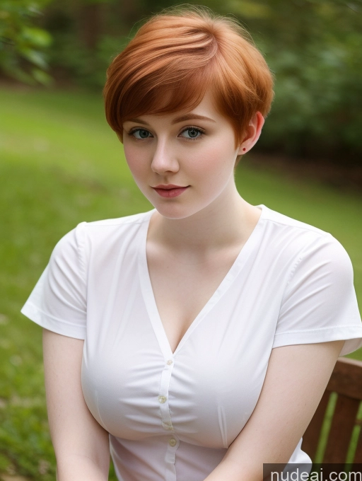 ai nude image of there is a woman sitting on a bench in a park pics of Busty Perfect Boobs Beautiful Fairer Skin Thick 18 Ginger Pixie Russian Close-up View Shirt