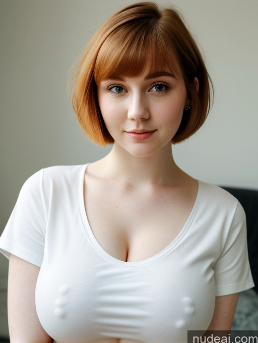 ai nude image of there is a woman with a white shirt posing for a picture pics of Busty Perfect Boobs Beautiful Fairer Skin Thick 18 Ginger Russian Close-up View Shirt Short Hair