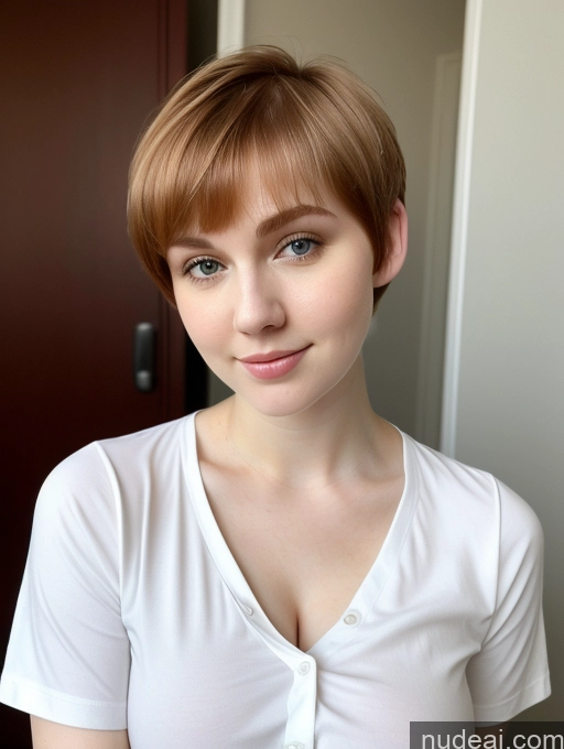 ai nude image of there is a woman with a short haircut posing for a picture pics of Busty Perfect Boobs Beautiful Fairer Skin Thick 18 Ginger Russian Close-up View Shirt Short Hair