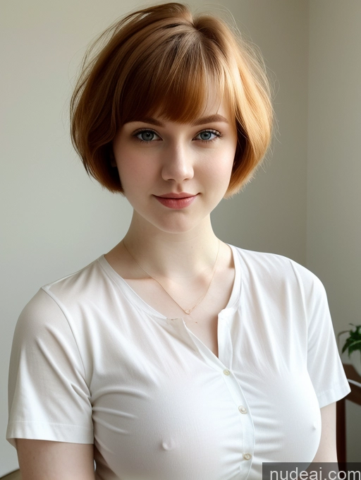 ai nude image of there is a woman with a short red hair and a white shirt pics of Busty Perfect Boobs Beautiful Fairer Skin Thick 18 Ginger Russian Close-up View Shirt Short Hair