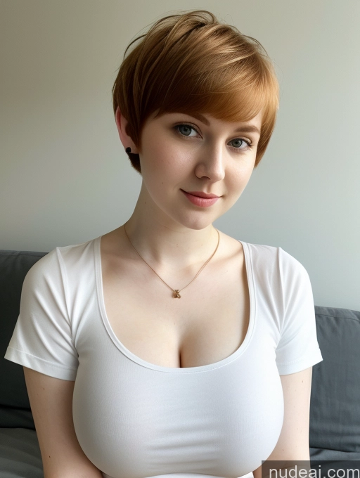 ai nude image of there is a woman with a white shirt on sitting on a couch pics of Busty Perfect Boobs Beautiful Fairer Skin Thick 18 Ginger Russian Close-up View Shirt Short Hair