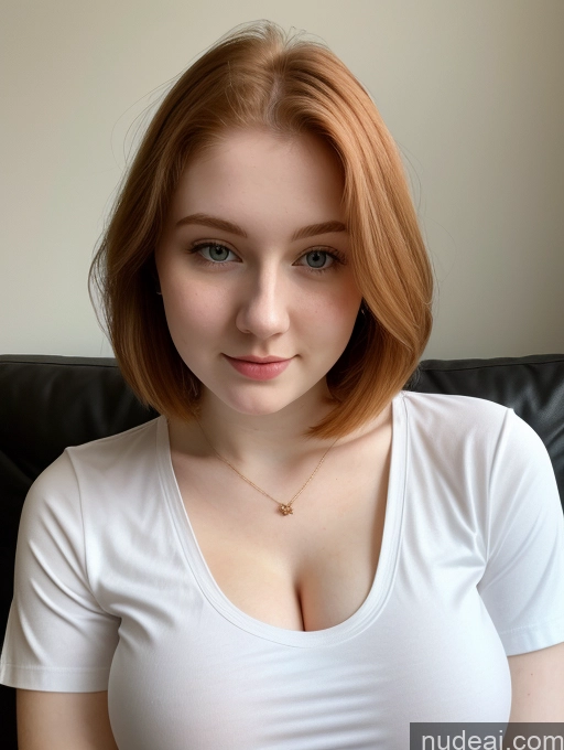 ai nude image of there is a woman with a white shirt on posing for a picture pics of Busty Perfect Boobs Beautiful Fairer Skin Thick 18 Ginger Russian Close-up View Shirt Bobcut