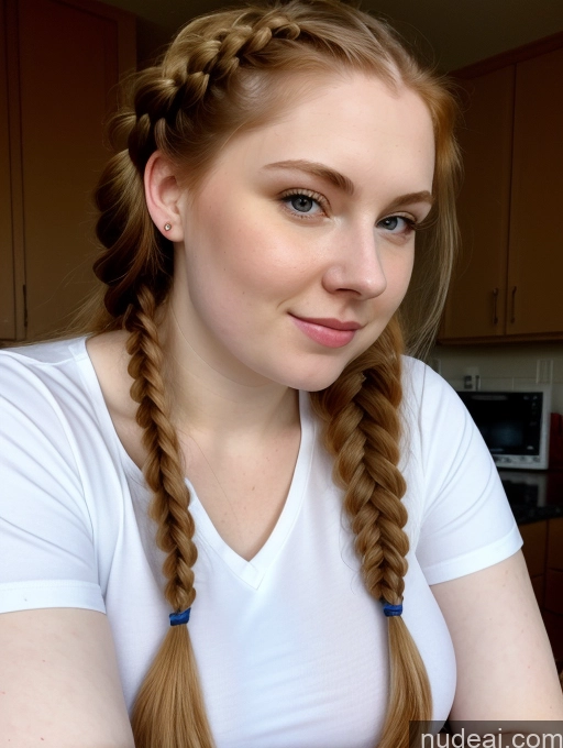 ai nude image of arafed woman with long hair sitting at a table with a plate of food pics of Busty Perfect Boobs Beautiful Fairer Skin Thick 18 Ginger Russian Close-up View Shirt Braided