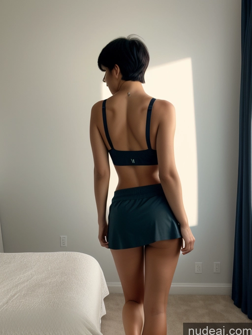 ai nude image of there is a woman in a short skirt standing in a bedroom pics of Woman One Perfect Boobs Big Ass Big Hips Mirror Selfie Bedroom Crop Top Short Shorts Tennis Cleavage Partially Nude 20s Serious Sexy Face Black Hair Asian Side View Short Hair