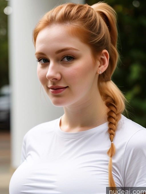 ai nude image of there is a woman with a braid in her hair and a white shirt pics of Busty Perfect Boobs Beautiful Thick Fairer Skin 18 Ponytail Russian Close-up View Shirt Ginger