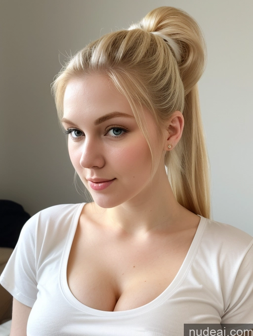 ai nude image of blonde woman with a ponytail in a white shirt looking at the camera pics of Busty Perfect Boobs Beautiful Fairer Skin Thick 18 Russian Close-up View Shirt Ponytail Blonde