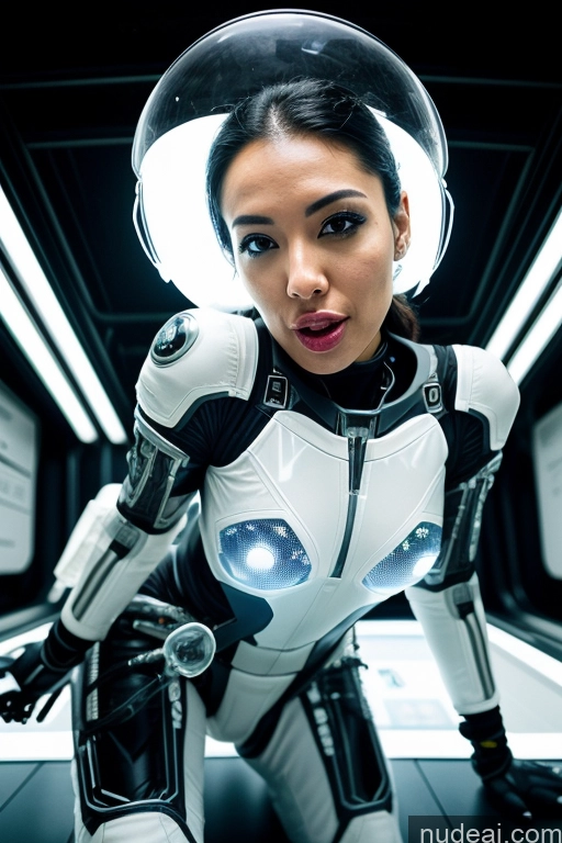 ai nude image of arafed woman in a futuristic suit with a helmet on pics of 30s Ahegao Spreading Legs Sci-fi Armor Cyborg Brazilian Space Suit Bright Lighting Transparent