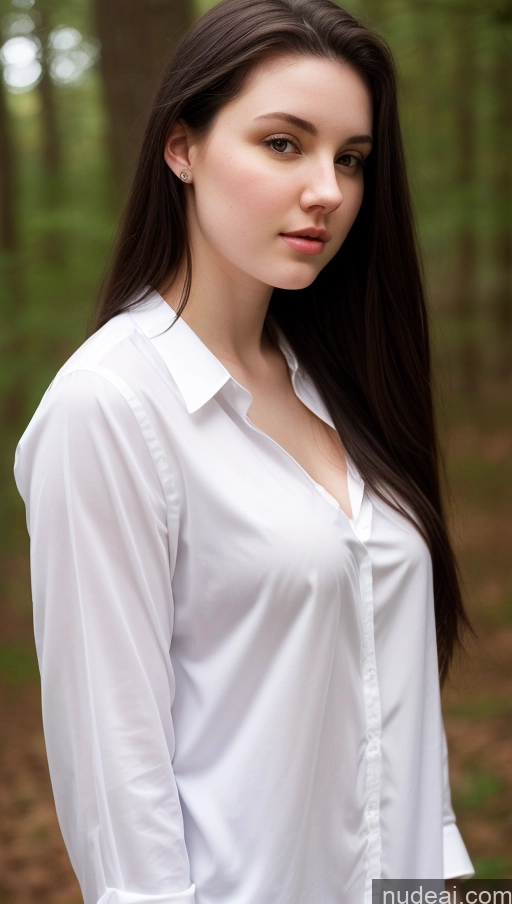 ai nude image of arafed woman in white shirt standing in a forest pics of Perfect Boobs Beautiful Thick Fairer Skin 18 Russian Shirt Long Hair Black Hair Front View One Woman