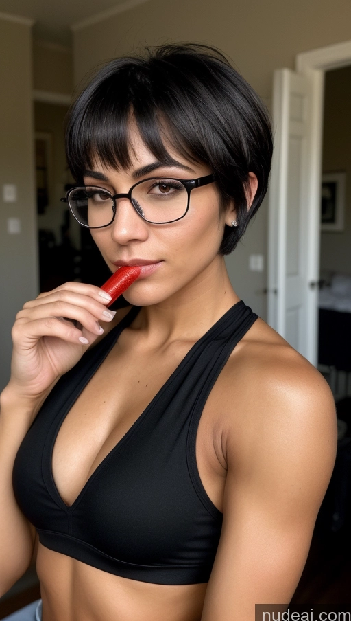 ai nude image of there is a woman with glasses and a black top brushing her teeth pics of One Beautiful 18 Sexy Face Black Hair Short Hair Latina Skin Detail (beta) Athlete Muscular Party Close-up View Glasses Goth Casual Serious