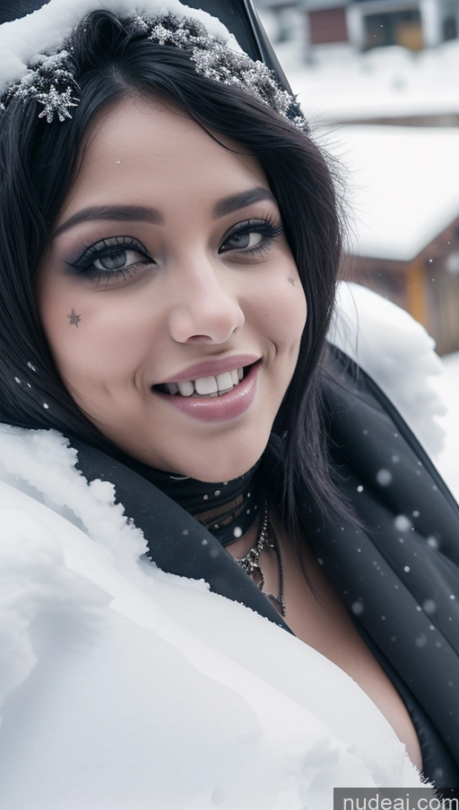 ai nude image of smiling woman in black and white outfit with snow on head pics of Busty Perfect Boobs Laughing Ginger Ethiopian Snow Close-up View Miss Universe Model Chubby Gothic Punk Girl Spreading Legs