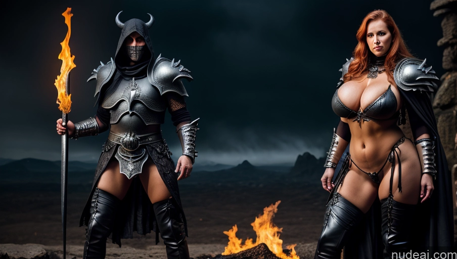 ai nude image of there are two women dressed in armor standing next to a fire pics of Milf Huge Boobs Big Ass Abs Big Hips Long Legs 50s Seductive Ginger Nude Fantasy Armor Medieval Death Knight Hell Dark_Fantasy_Style Several