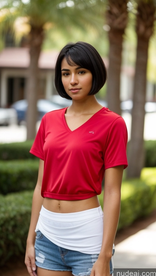 ai nude image of arafed woman in a red shirt and blue shorts standing on a sidewalk pics of One Beautiful 18 Black Hair Short Hair Latina Skin Detail (beta) Athlete Party Casual Serious Front View Blouse