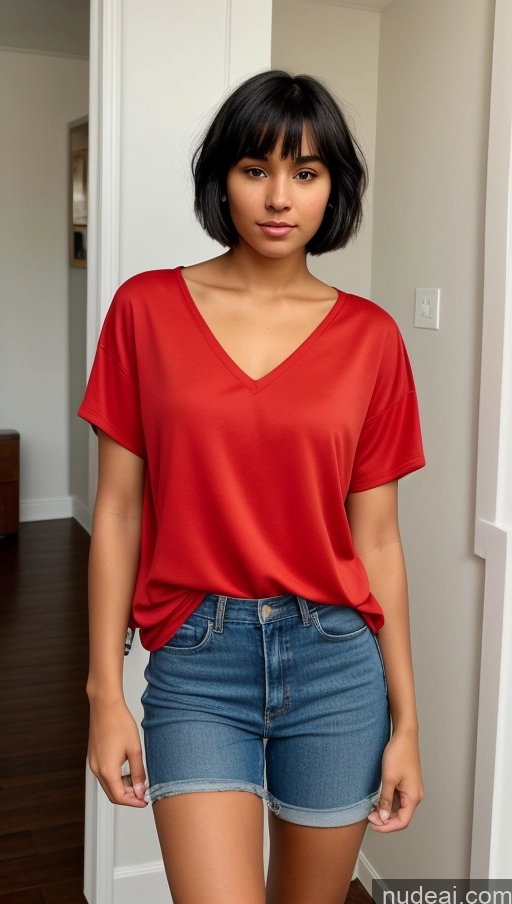 ai nude image of arafed woman in a red shirt and denim shorts posing for a picture pics of One Beautiful 18 Black Hair Short Hair Latina Skin Detail (beta) Athlete Party Casual Serious Front View Blouse