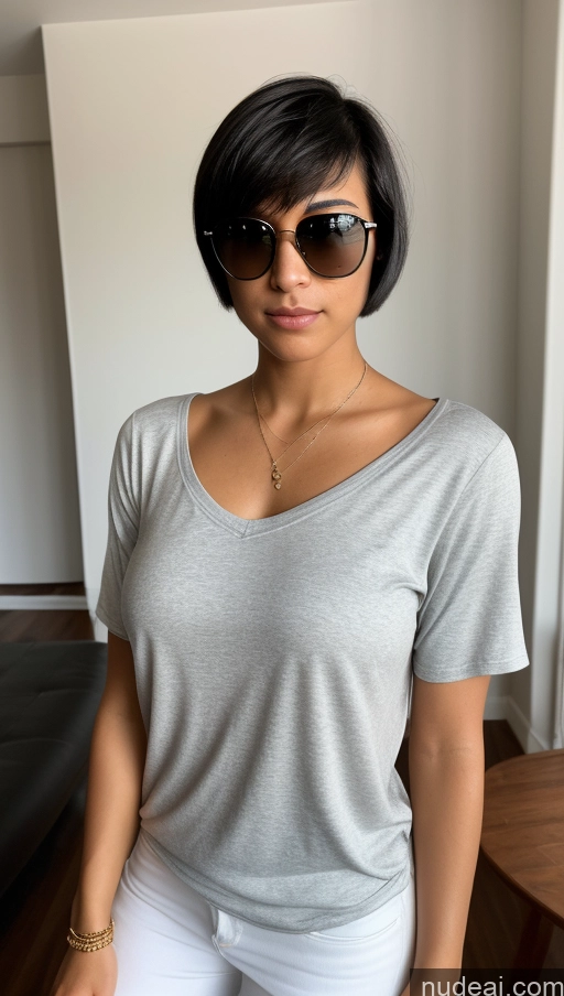 ai nude image of arafed woman wearing sunglasses and a grey shirt posing for a picture pics of One Beautiful 18 Black Hair Short Hair Latina Skin Detail (beta) Athlete Party Casual Serious Front View Blouse Huge Boobs Sunglasses