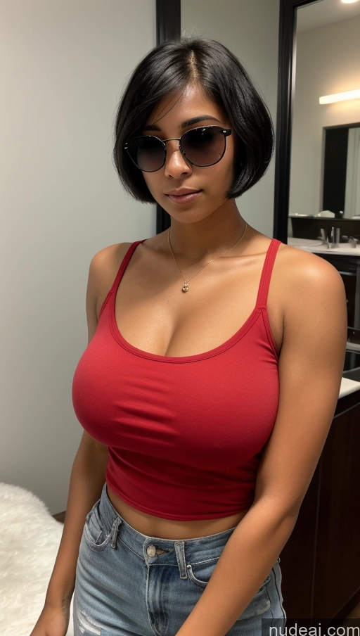 ai nude image of araffed woman in a red top and jeans posing for a picture pics of One Beautiful 18 Black Hair Short Hair Latina Skin Detail (beta) Athlete Party Casual Serious Front View Blouse Huge Boobs Sunglasses