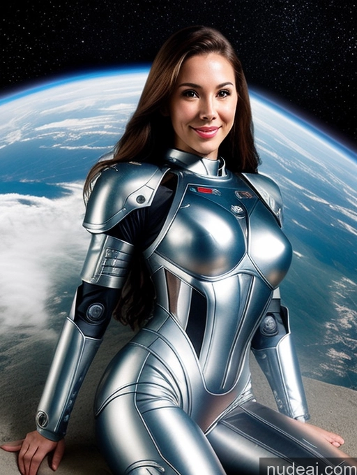 ai nude image of arafed woman in a silver suit sitting on a rock in front of a planet pics of Cyborg Perfect Boobs Small Tits Beautiful Short Perfect Body 30s Serious Happy Brunette Long Hair Front View Sci-fi Armor Space Suit Transparent On Back