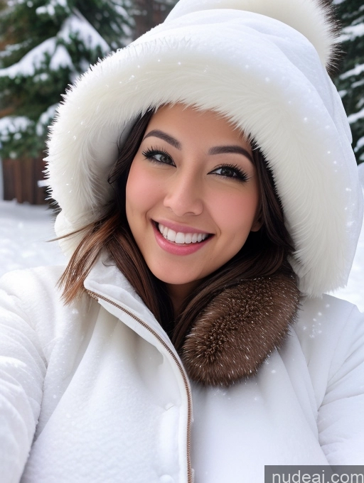 ai nude image of smiling woman in white coat and fur hat taking selfie in snow pics of 20s Woman Laughing Busty Happy Beautiful Asian Huge Boobs Skinny Brunette Bobcut Snow Fur