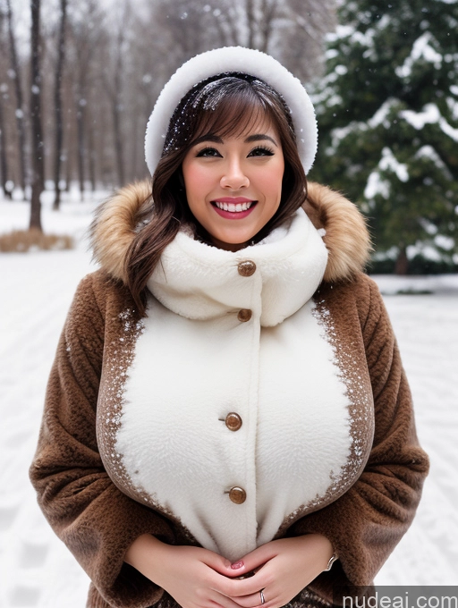 ai nude image of araffe woman in a brown coat and white hat standing in the snow pics of 20s Woman Laughing Busty Happy Beautiful Asian Huge Boobs Skinny Brunette Bobcut Snow Fur