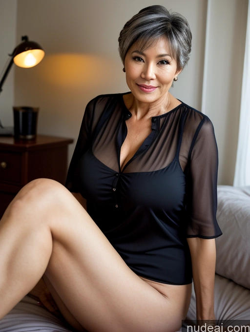 ai nude image of there is a woman sitting on a bed with a black top pics of Milf Perfect Boobs Small Tits Beautiful Perfect Body Pubic Hair 60s Pixie Asian Bedroom Dark Lighting Blouse