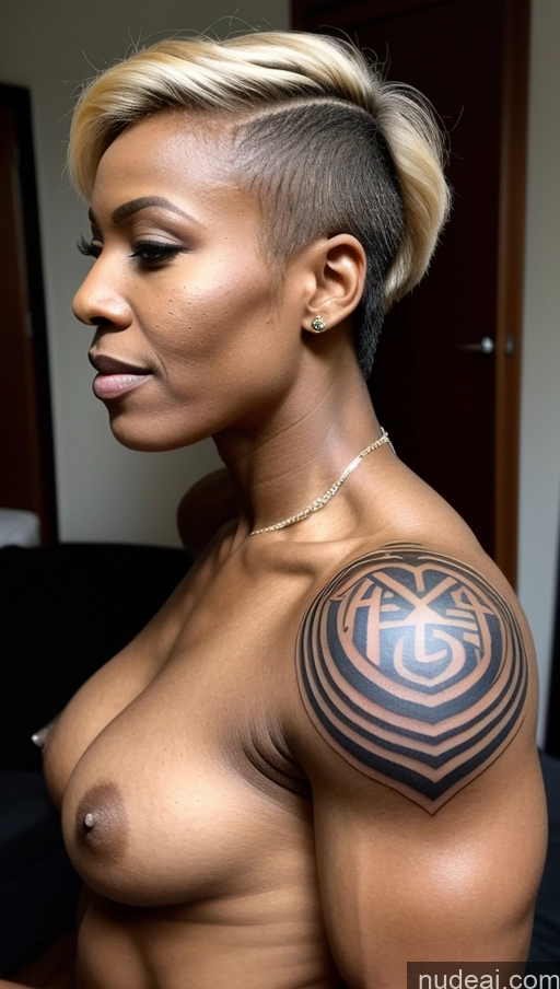 ai nude image of arafed woman with a tattoo on her arm and chest pics of Bodybuilder Small Tits Muscular Skinny Perfect Body Black Hair Short Hair 80s African Dark Skin Tattoos Side View