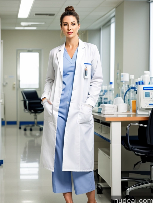 ai nude image of arafed female doctor standing in a hospital hallway with a chair pics of Model Beautiful Perfect Body Fairer Skin Nude Doctor Lab Coat Hospital Serious Hair Bun Turkish Spreading Legs 40s