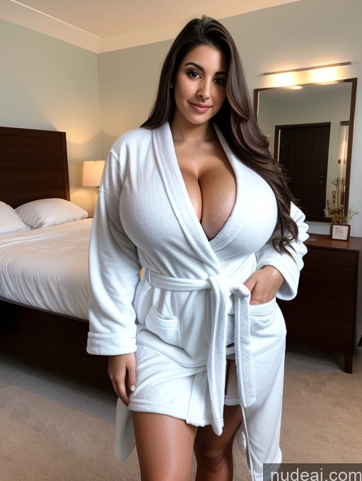 ai nude image of araffed woman in a white robe posing in a bedroom pics of Busty Big Ass Big Hips 20s Brunette Bedroom Long Hair Middle Eastern Perfect Body Sorority Huge Boobs Front View Bathrobe