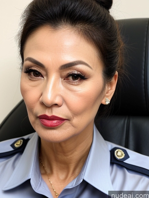 ai nude image of arafed woman in uniform sitting in a chair with a red lipstick pics of Milf Beautiful Lipstick Skinny 60s Asian Pouting Lips Sexy Face Hair Bun Police