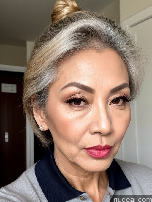 ai nude image of blond woman with a messy bun in a grey shirt and pink lipstick pics of Milf Beautiful Lipstick Skinny 60s Asian Pouting Lips Sexy Face Hair Bun Polo