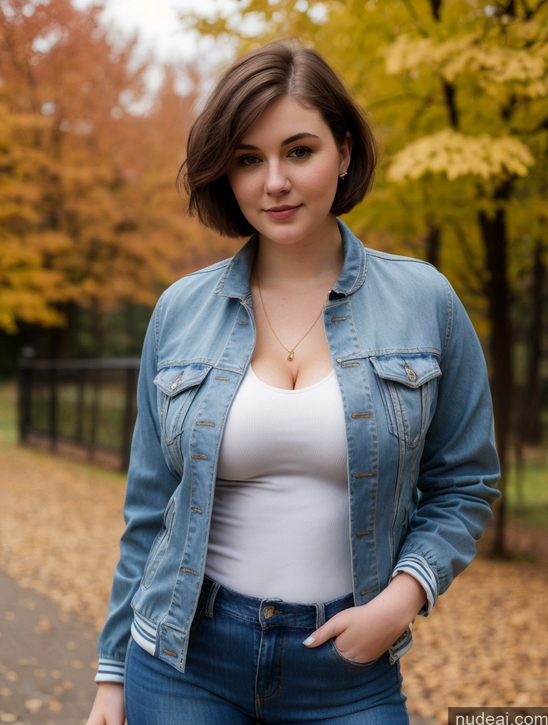 ai nude image of arafed woman in a white tank top and jean jacket pics of Busty Perfect Boobs Beautiful Thick Big Hips Fairer Skin 18 Brunette Russian Short Hair Professor Detailed Jeans Jacket