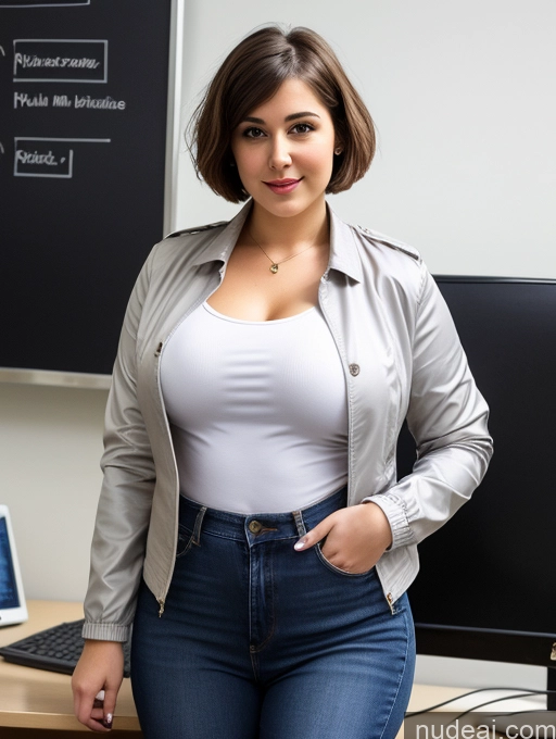 ai nude image of there is a woman standing in front of a computer desk pics of Busty Perfect Boobs Beautiful Thick Big Hips Fairer Skin 18 Brunette Russian Short Hair Detailed Jacket Shirt Professor Office Jeans