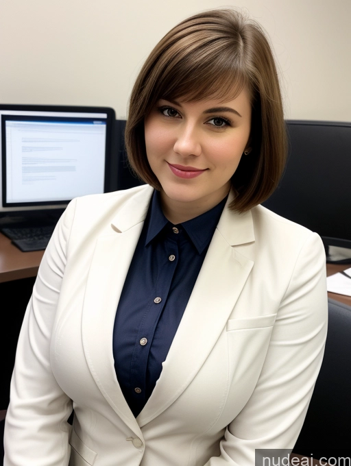 ai nude image of woman in white jacket and blue shirt sitting in front of a computer pics of Busty Perfect Boobs Beautiful Thick Big Hips Fairer Skin 18 Brunette Russian Short Hair Jacket Shirt Professor Office Jeans Close-up View