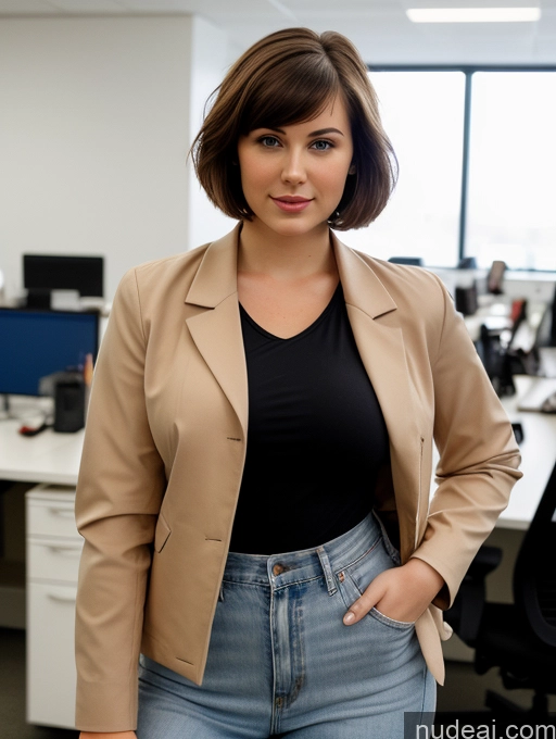 ai nude image of there is a woman standing in an office with a tan jacket pics of Busty Perfect Boobs Beautiful Big Hips Fairer Skin 18 Brunette Russian Short Hair Jacket Shirt Professor Office Jeans Close-up View Perfect Body