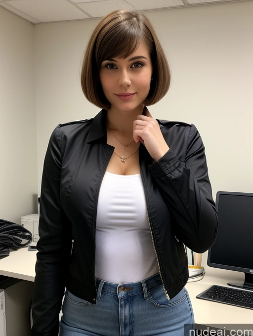 ai nude image of there is a woman in a black jacket and jeans posing for a picture pics of Busty Perfect Boobs Beautiful Big Hips Fairer Skin 18 Brunette Russian Short Hair Jacket Shirt Professor Office Jeans Perfect Body Skinny