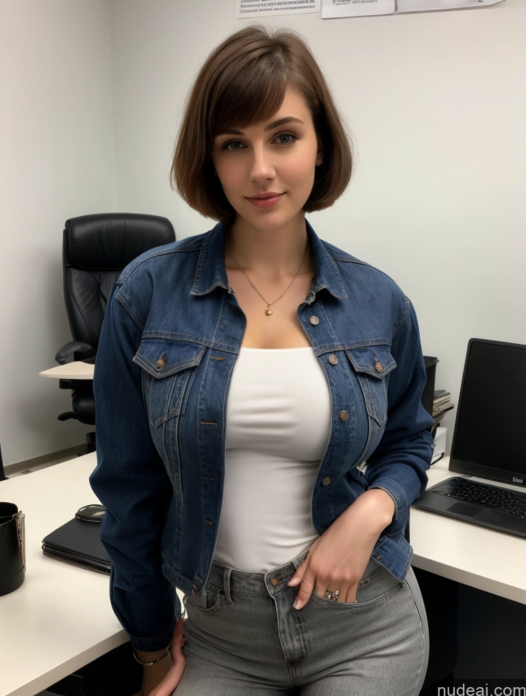 ai nude image of arafed woman in a white shirt and denim jacket posing for a picture pics of Busty Perfect Boobs Beautiful Big Hips Fairer Skin 18 Brunette Russian Short Hair Jacket Shirt Professor Office Jeans Perfect Body Skinny