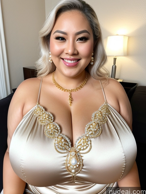 ai nude image of araffe woman in a gold dress posing for a picture pics of Filipina Busty Huge Boobs Perfect Boobs Beautiful Thick Chubby Fat 30s Happy Pearl Jewelry Gold Jewelry Jewelry Diamond Jewelry Cleavage Blouse Satin White Hair Close-up View