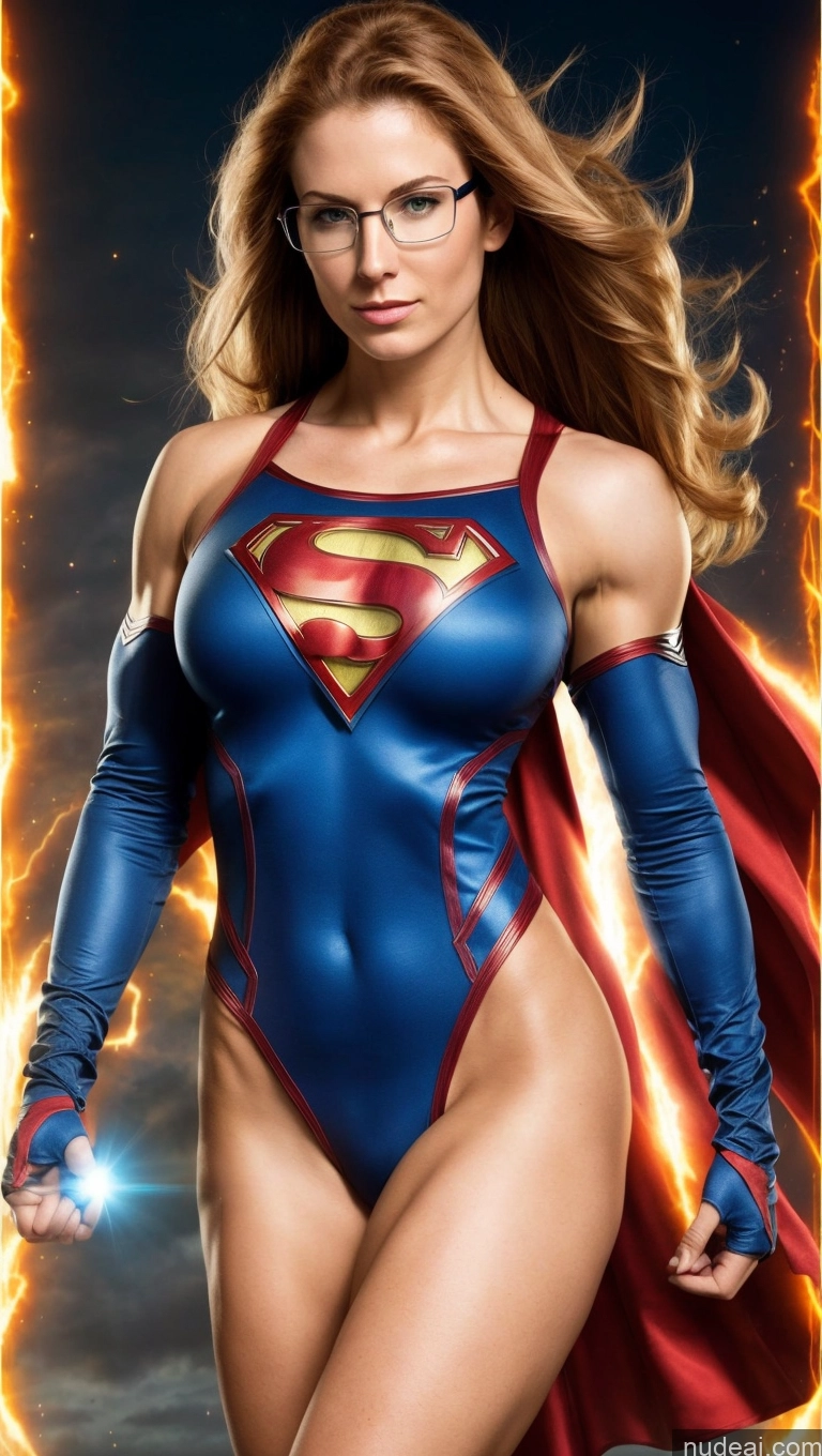 ai nude image of a woman in a superman costume posing for a picture pics of Several Muscular Abs Superhero 18 Ginger Glasses Fairer Skin Busty Perfect Boobs Science Fiction Style Superheroine Powering Up